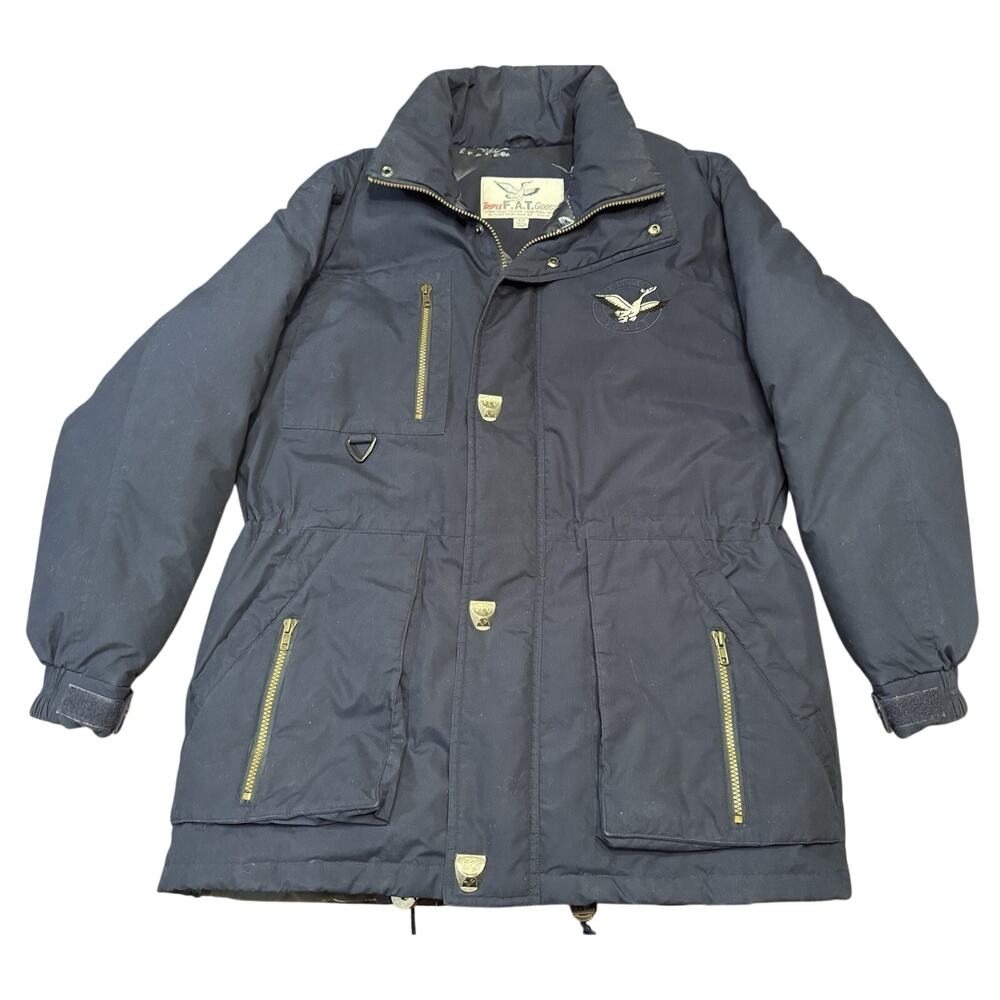 Small Triple F.A.T. Goose Blue Down Winter Parka Coat Missing Hood